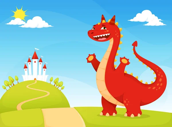 可爱的卡通画为孩子们 一个有趣的红龙问候游客在童话王国 色彩艳丽的背景 绿色的小丘上有城堡 阳光灿烂的天空 — 图库矢量图片