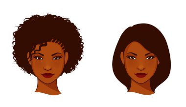 Doğal ya da düz saçlı güzel bir Afrikalı Amerikalı kadın. Çekici siyah kız, yüzünün ayrıntıları. Moda illüstrasyonuName.