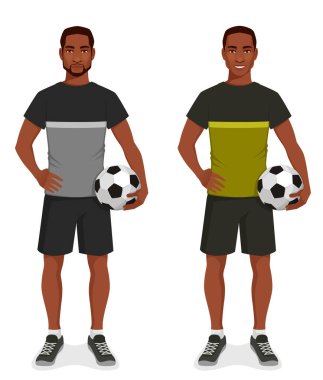 athletic young black man in sport outfit, holding a soccer ball (European football). Healthy lifestyle and fitness concept. Isolated on white. clipart