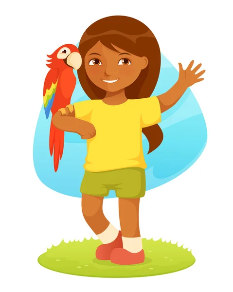 Ilustración Colorida Una Linda Niña Pequeña Con Loro Guacamayo Sonriendo — Vector de stock