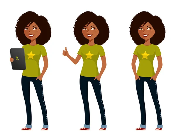 Adolescente Drôle Étudiante Tenue Mode Rue Jeune Afro Américaine Tenant — Image vectorielle