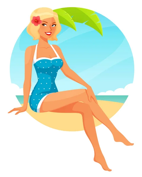 Beautiful Retro Pin Girl Blue Swimsuit Young Blonde Woman 50S — Stock Vector