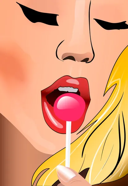 Woman licking a red shiny lollipop. — Stock Vector