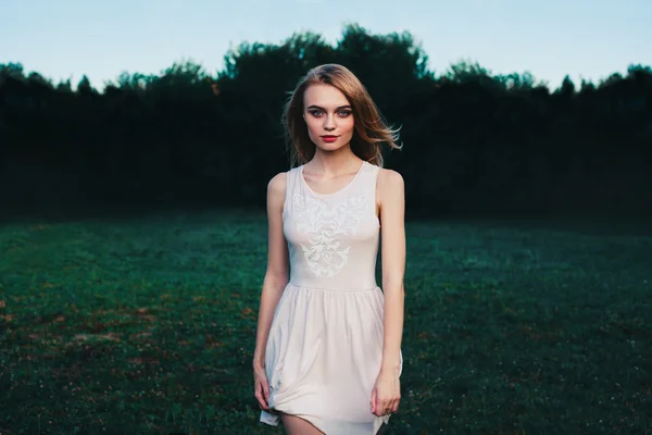 Fabulous portrait woman in dress standing in field with flowers — Stock Photo, Image