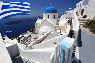 Santorini Adası kiliseler ve Yunanistan Deniz Manzaralı
