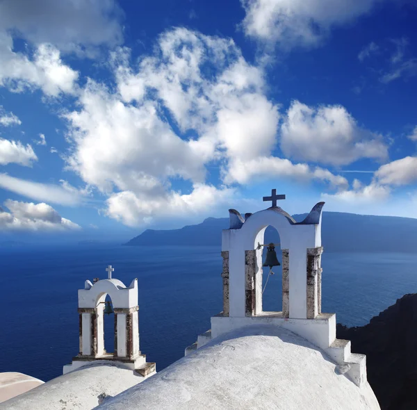 Santorini with churches and sea view in Greece — Stock Photo, Image