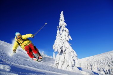 Yüksek dağlarda kayak yapan kayakçı.