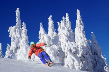 Yüksek dağlarda kayak yapan kayakçı.