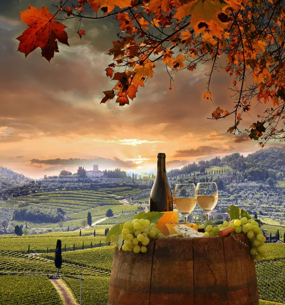 White wine with barrel on vineyard in Chianti, Tuscany, Italy — Stock Photo, Image