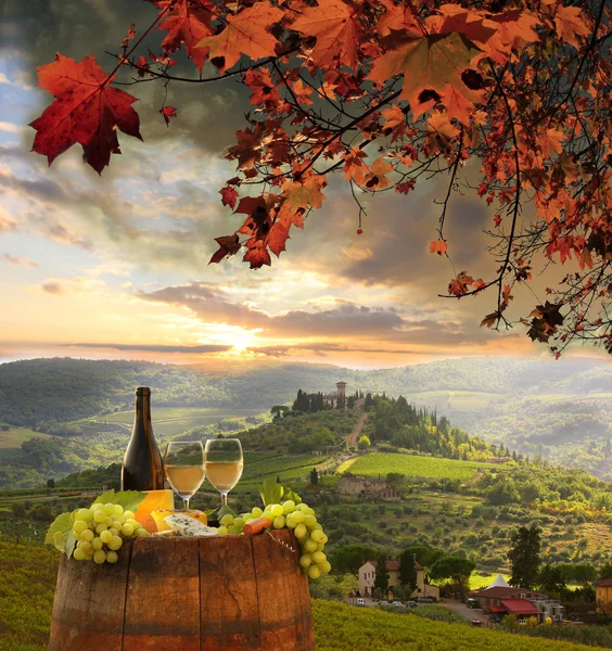 Біле вино з бочком на винограднику в Чіанті, Тоскана, Італія. Стокове Фото