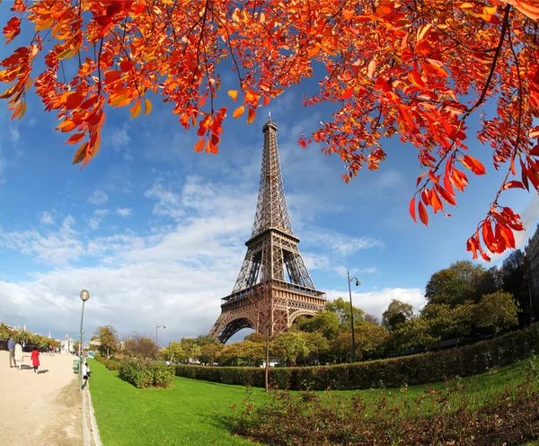 Eiffeltorn med höstlöv i Paris, Frankrike — Stockfoto