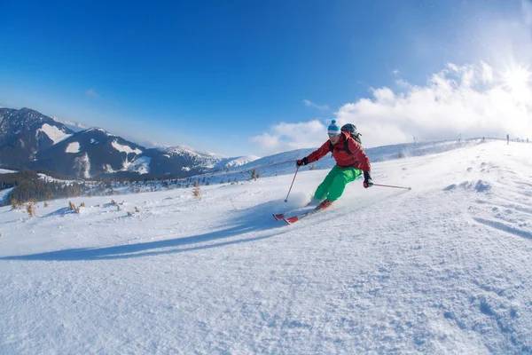 Skier skiing downhill in high mountains during sunny day — Stock Photo, Image