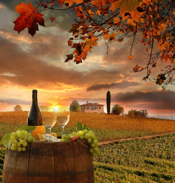 Láhev bílého vína s barel na vinici v chianti, Toskánsko, Itálie — Stock fotografie