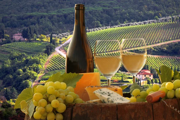 Garrafa de vinho branco com barril na vinha em Chianti, Toscana, Itália — Fotografia de Stock