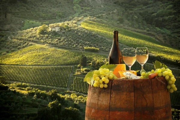 Láhev bílého vína s barel na vinici v chianti, Toskánsko, Itálie — Stock fotografie