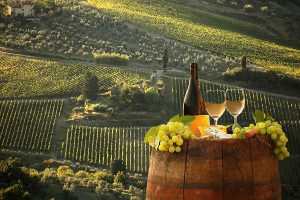 Botol anggur putih dengan laras di kebun anggur di Chianti, Tuscany, Italia — Stok Foto