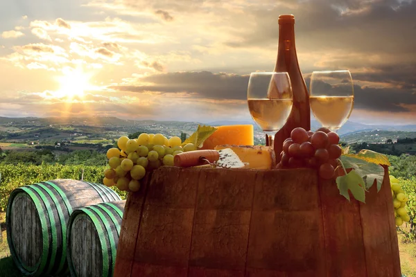 Botella de vino blanco con barril en viñedo en Chianti, Toscana, Italia — Foto de Stock