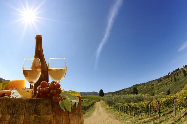 Bottiglia di vino bianco con botte su vigneto in Chianti, Toscana, Italia — Foto Stock