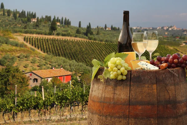 Butelka białego wina z beczki na winnic w regionie chianti Toskania, Włochy — Zdjęcie stockowe