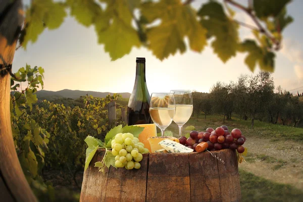 Láhev bílého vína s barel na vinici v chianti, Toskánsko, Itálie — Stock fotografie