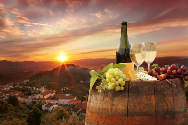 Bottle of white wine with barrel on vineyard in Chianti, Tuscany, Italy — Stock Photo, Image