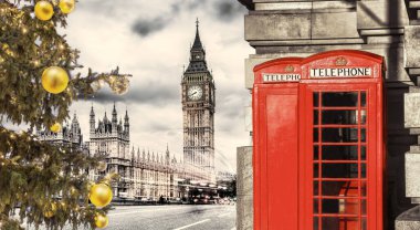 Londra sembolleri, İngiltere 'de Noel ağacı ve kırmızı telefon kulübeleriyle Büyük BEN