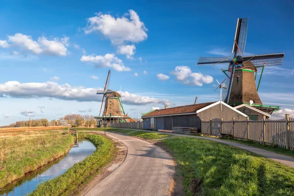 Традиционные Голландские Ветряные Мельницы Против Голубого Неба Zaanse Schans Амстердам — стоковое фото