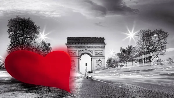 Arc Triumph Red Herat Champs Elysees Street Happy Valentine Day — Stock Photo, Image
