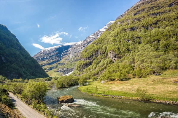 Głęboka Dolina Rzeką Norweskich Fiordów Zamknąć Podróż Pociągiem Flamsbana Między — Zdjęcie stockowe
