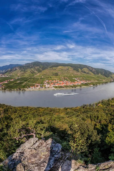 Panorama Del Valle Wachau Patrimonio Humanidad Unesco Con Barco Río — Foto de Stock