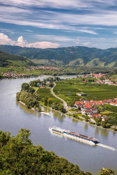 Panorama Del Valle Wachau Patrimonio Humanidad Unesco Con Barco Río — Foto de Stock