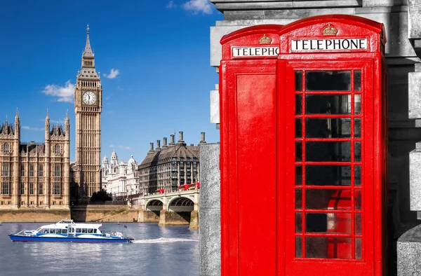Londonsymboler Med Big Ben Och Röda Telefonbås England Storbritannien — Stockfoto