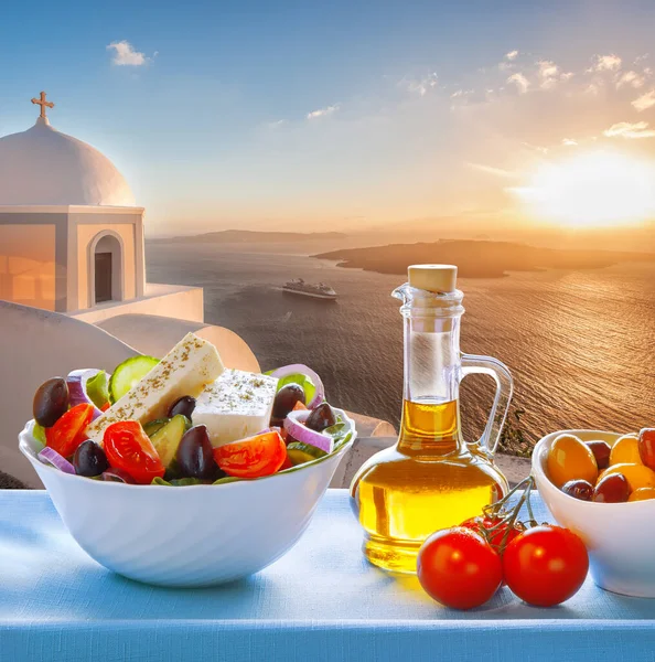 Greek Salad Old Church Thira Santorini Island Greece — 스톡 사진