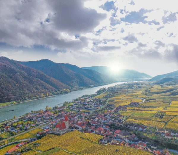 Weissenkirchen Villaggio Con Vigneti Autunnali Contro Fiume Danubio Nella Valle — Foto Stock