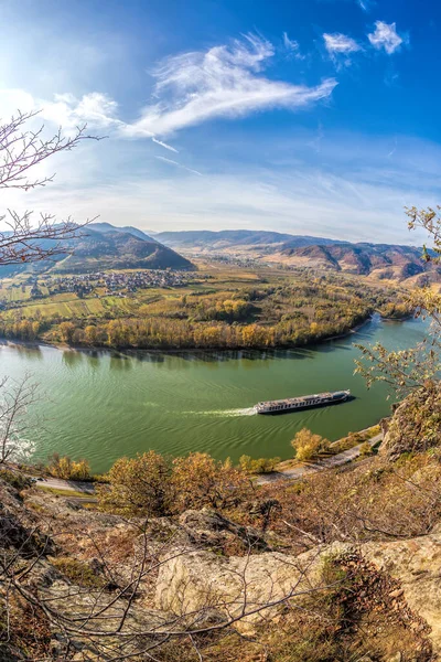 Panorama Wachau Valley Ship Danube River Autumn Austria Unesco — Stock Photo, Image