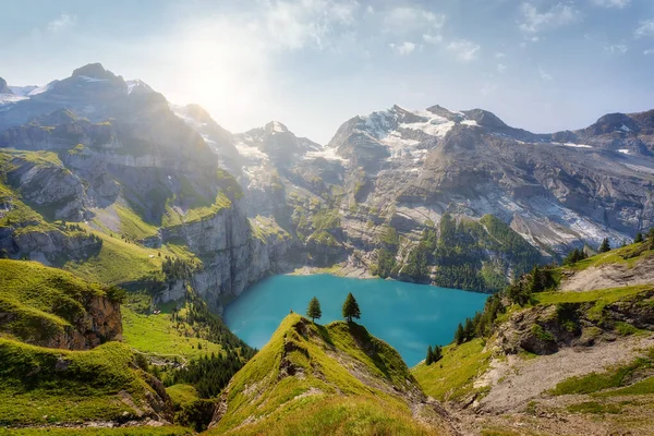 Oeschinensee Zwitserse Alpen Zomer Post Verwerkt Met Behulp Van Exposure — Stockfoto