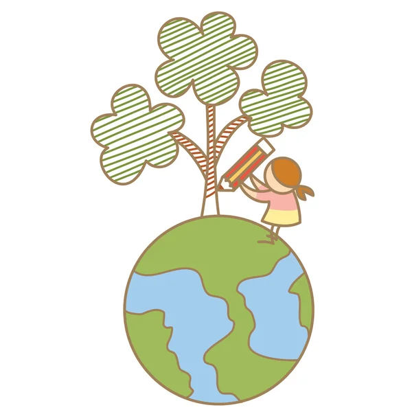 Girl draw tree on earth — Stock Vector