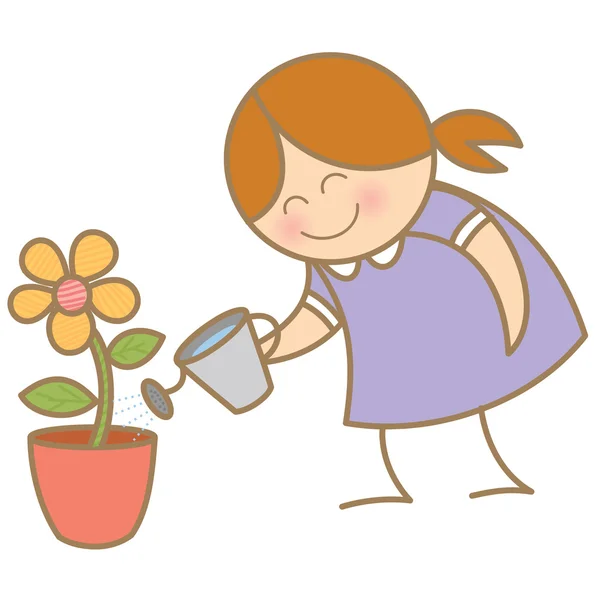 Menina regando planta flor — Vetor de Stock