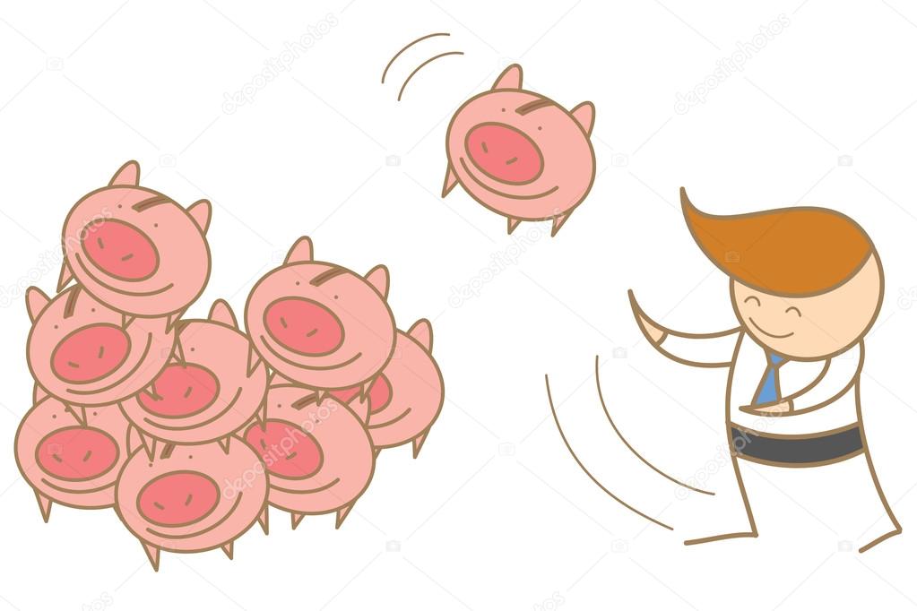 Man throwing his saving pig together