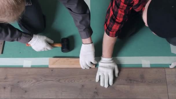 Двое рабочих укладывают ламинат в маленькой квартире. Концепция реконструкции — стоковое видео