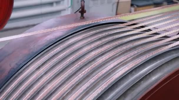 O cabo de cobre é torcido em uma meada. Processo de fabricação de cabos de cobre. Fábrica de cabos — Vídeo de Stock