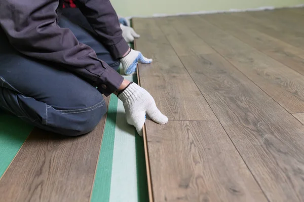 İşçi, laminatı daireye bırakıyor. Laminate apartmanın zemininde yatıyordu, üstat bir levha aldı ve yere koydu..
