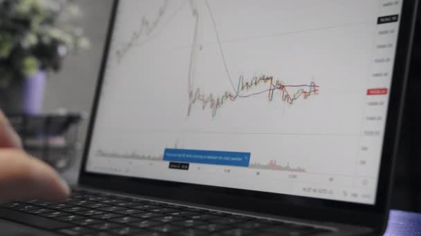 Graphique de crypto-monnaie en ligne. Citations à la bourse. Tableau du marché boursier de l'éthérie. Vue sur l'application sur l'écran de l'ordinateur portable — Video