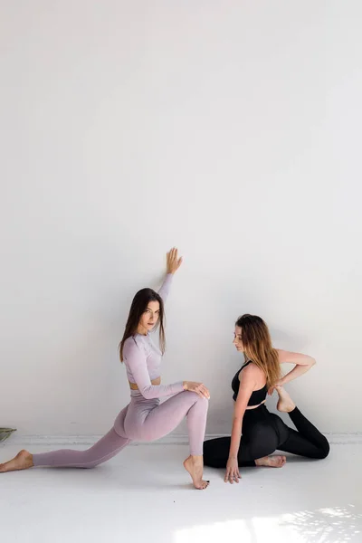 Hermosas mujeres deportivas hacen ejercicios sobre un fondo blanco. Aptitud. — Foto de Stock