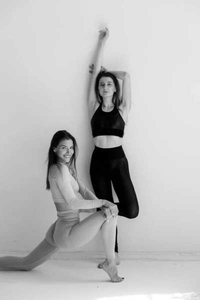 Dos chicas deportivas posando aisladas sobre un fondo blanco. Modelo de fitness mujer en estudio con espacio de copia — Foto de Stock