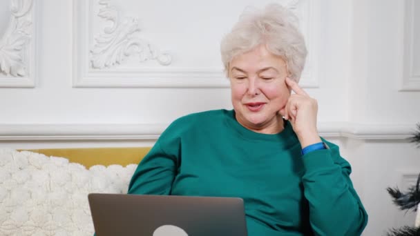 Бабушка разговаривает на видеоконференции со своей семьей. Современные средства связи — стоковое видео