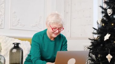 Mutlu yaşlı, yaşlı, kır saçlı kadın büyükanne web kameralı konferansa ailesini arıyor.