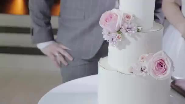 Detay düğün pastası kesme tarafından yeni evliler düğün pastası — Stok video
