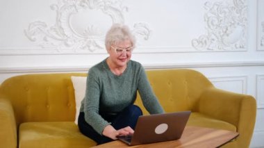an adult woman with gray hair works at a laptop. video conference. Remote work