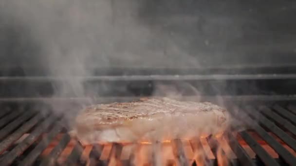 Bifes grelhados com chama. bife grelhado com alecrim, pimenta e sal Churrasco — Vídeo de Stock